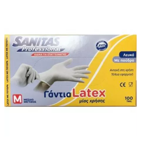Γάντια latex με πούδρα λευκά Μ Sanitas 10χ100τεμ