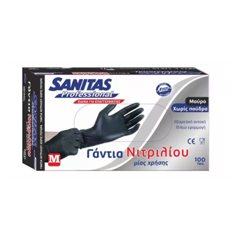 Γάντια νιτριλίου χωρίς πούδρα μαύρα M Sanitas 10χ100τεμ