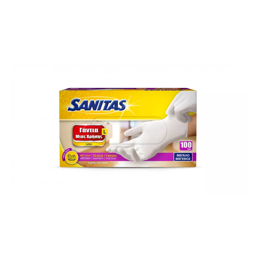 Γάντια latex χωρίς πούδρα λευκά L Sanitas 10χ100τεμ Γάντια latex χωρίς πούδρα λευκά L Sanitas 10χ100τεμ