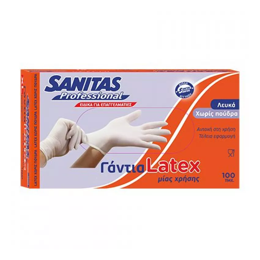 Γάντια latex χωρίς πούδρα λευκά M Sanitas 10χ100τεμ