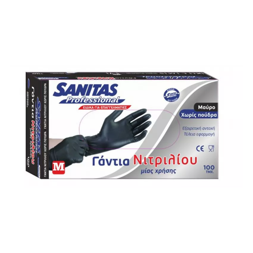 Γάντια νιτριλίου χωρίς πούδρα μαύρα M Sanitas 10χ100τεμ Γάντια νιτριλίου χωρίς πούδρα μαύρα M Sanitas 10χ100τεμ